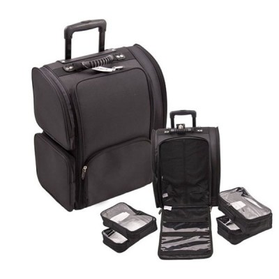 professional soft sided nylon cosmetic suitcase, wheeled makeup rolling case with 4 removable zippered clear bags